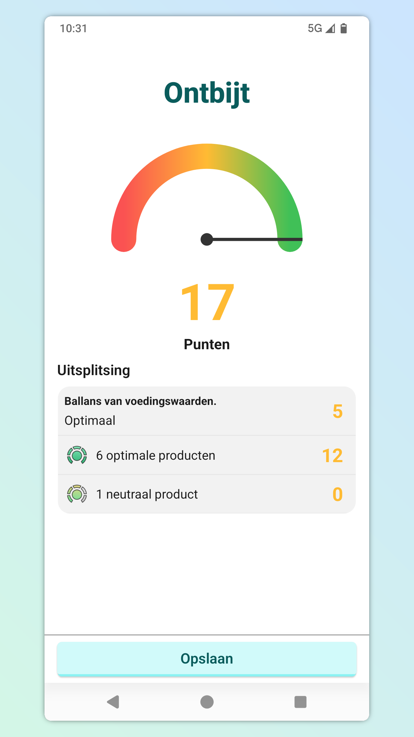 Screenshot of a mobile app screen showing feedback after logging a breakfast in Dutch.  It shows an indicator with a score of 17 points for the meal. The breakdown includes 5 points for 'Ballans van voedingswaarden' (Nutritional balance), 12 points optimal products, and 0 points for neutral products.