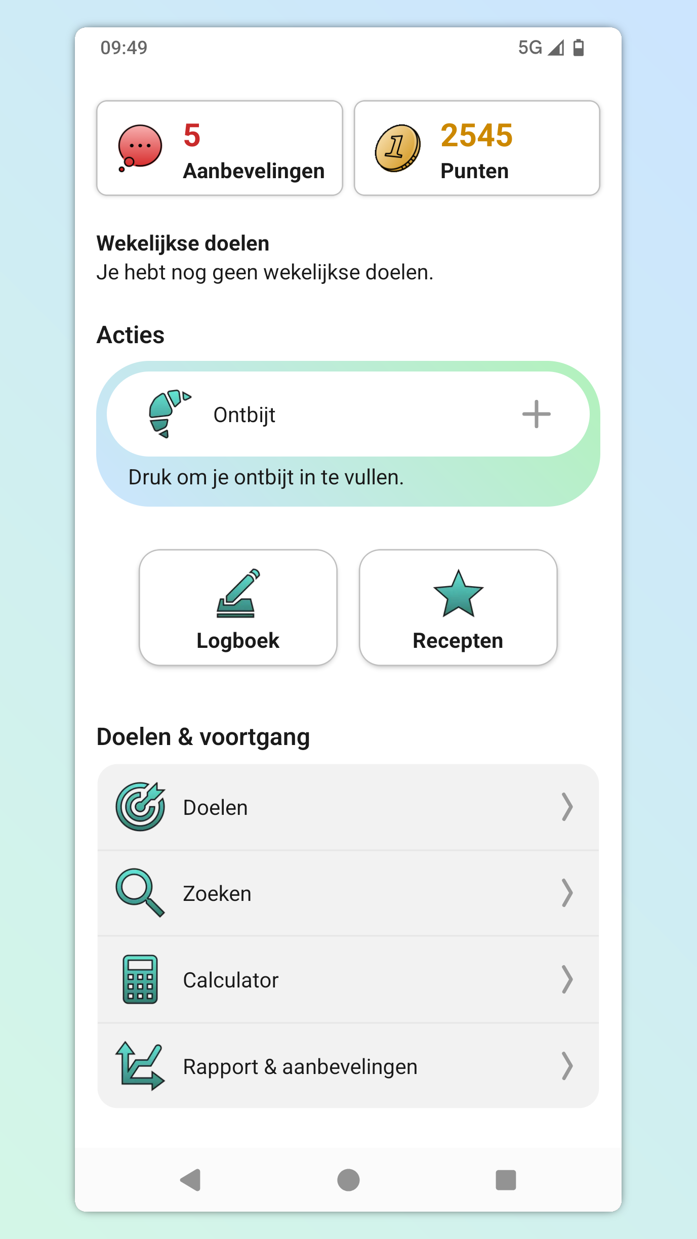 Screenshot of a mobile app homepage in Dutch. It labels state there are 5 recommendations and 2545 points. The main action button is 'Ontbijt' (Breakfast) with a prompt to press to log breakfast. There are also options for 'Logboek' (Logbook) and 'Recepten' (Recipes), as well as navigation options for Goals & Progress, Search, Calculator, and Reports & Recommendations.